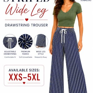 Könnte beinhalten: Ein PDF-Schnittmuster für eine gestreifte Wide-Leg-Hose mit Kordelzug. Das Bild zeigt den Text STRIPED Wide Leg DRAWSTRING TROUSER, AVAILABLE SIZES: XXS-5XL sowie Symbole für HOME, TRAVEL, VACATION, DAILY WEAR und SHOPPING. Die Hose ist marineblau mit weißen vertikalen Streifen.