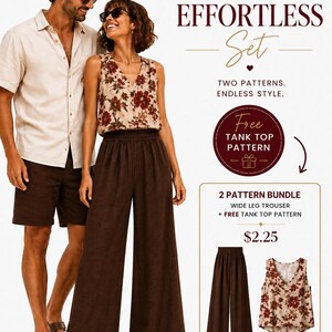 Peut inclure: Un ensemble de patrons de couture PDF intitulé The Effortless Set, comprenant un pantalon large et un débardeur. Le lot inclut deux patrons avec le texte Two Patterns. Endless Style et Free Tank Top Pattern. Le prix est de 2,25 $.