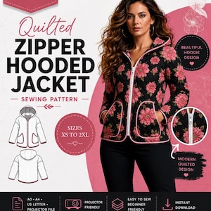 Quilted Hooded Jacket Sewing Pattern | Modern Zip Hoodie PDF (Digital Download)