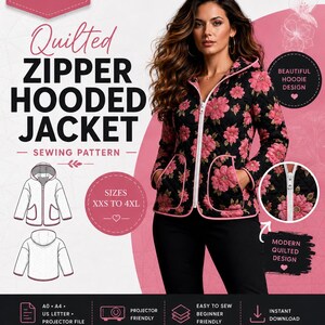 Quilted Hooded Jacket Sewing Pattern | Modern Zip Hoodie PDF (Digital Download)