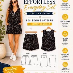Peut inclure: Un patron de couture PDF pour un ensemble quotidien composé d'un débardeur et d'un short noirs à petites fleurs. L'ensemble comprend un haut sans manches à col en V et un short à taille élastique. Le patron est disponible en téléchargement.