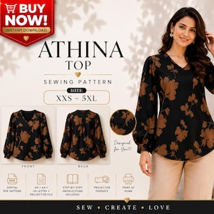 Puede incluir: Un patrón de costura digital para la blusa Athina, con un diseño negro de estampado floral marrón, cuello en V y mangas largas. El patrón incluye tallas de la XXS a la 5XL, con vistas frontal y trasera, formato PDF e instrucciones.