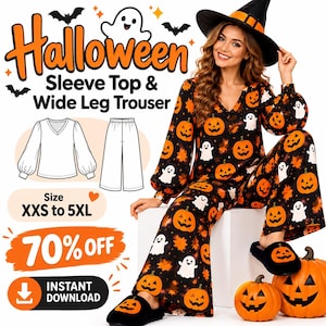 May include: A black long-sleeve V-neck top and wide-leg trousers set featuring an orange pumpkin and white ghost pattern. The image includes text reading Halloween Sleeve Top & Wide Leg Trouser, Size XXS to 5XL, 70% OFF, and INSTANT DOWNLOAD.