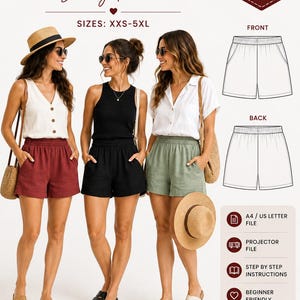 May include: A digital sewing pattern for elastic waistband shorts, available in sizes XXS-5XL. The document includes front and back technical sketches, A4/US letter files, projector files, and step-by-step instructions for creating shorts with pockets.