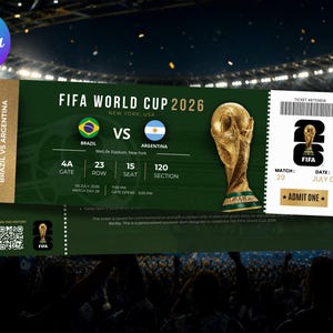 May include: A commemorative FIFA World Cup 2026 ticket for a Brazil vs Argentina match at MetLife Stadium in New York. The dark green ticket features the gold World Cup trophy, match details, a barcode, and the text Admit One on a white tab.