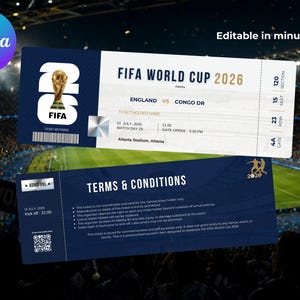 May include: A FIFA World Cup 2026 souvenir ticket template featuring a dark blue and white design. The front displays the FIFA trophy, match details for England vs Congo DR, date, time, and venue. The back includes terms and conditions and a QR code.