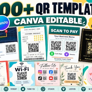 May include: A digital collection of 100+ editable Canva QR code templates featuring various designs for business use, including payment, Wi-Fi, social media, and location signage with clear text and graphic elements for customization.