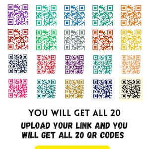 Puede incluir: Una colección de 20 códigos QR coloridos dispuestos en una cuadrícula. El texto en la parte superior dice CUSTOM QR CODES. Debajo de la cuadrícula, el texto dice YOU WILL GET ALL 20 UPLOAD YOUR LINK AND YOU WILL GET ALL 20 QR CODES. Un botón amarillo dice UNLIMITED SCANS.