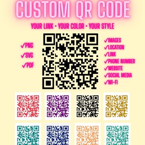 以下が含まれることがあります： CUSTOM QR CODEおよびYOUR LINK - YOUR COLOR - YOUR STYLEというテキストが記載されたカスタムQRコードのグラフィック。PNG、SVG、PDFのファイル形式と、images、location、link、phone number、website、social media、wi-fiなどの用途がリストされています。下部には8つのカラーQRコードが並んでいます。
