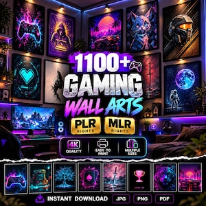 Puede incluir: Una colección digital de 1100+ artes de pared para juegos con pósteres de neón vibrantes de mandos, paisajes futuristas, temas espaciales y animales. Incluye derechos PLR y MLR, calidad 4K y múltiples formatos de impresión.