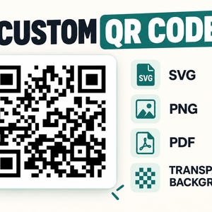 Op de afbeelding: Een digitale afbeelding met een zwart-witte QR-code op een wit vierkant. De tekst CUSTOM QR CODE staat in het donkergroen. Pictogrammen voor SVG, PNG, PDF en een transparant achtergrondraster worden vermeld met hun labels.