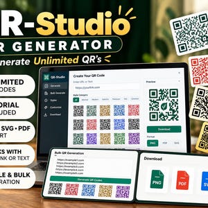 Puede incluir: Una interfaz digital para el generador de códigos QR QR-Studio mostrada en la pantalla de una computadora portátil y una tableta. La pantalla muestra opciones para crear códigos QR, generación masiva y exportación de archivos PNG, SVG y PDF.