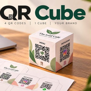 Cubo con código QR personalizado, expositor comercial de 4 caras (descarga digital)