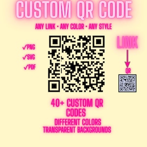 Może przedstawiać: Grafika cyfrowa z tekstem CUSTOM QR CODE, ANY LINK - ANY COLOR - ANY STYLE oraz 40+ CUSTOM QR CODES. Przedstawia duży czarno-biały kod QR, mniejszy kod QR ze wskazującą na niego różową strzałką oraz znaczniki wyboru dla formatów PNG, SVG i PDF.