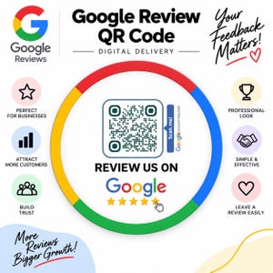 Puede incluir: Un letrero digital de código QR para reseñas de Google con un código QR central, el texto "REVIEW US ON Google", cinco estrellas amarillas e iconos circundantes con etiquetas como "PERFECT FOR BUSINESSES", "ATTRACT MORE CUSTOMERS", "BUILD TRUST", "PROFESSIONAL LOOK", "SIMPLE & EFFECTIVE" y "LEAVE A REVIEW EASILY".