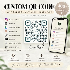 May include: A custom QR code display featuring a dark teal square code with heart icons, alongside a smartphone showing a digital interface with various link options like social media, website, and payment, with text reading Custom QR Code.