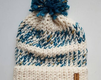 Knit Hat || Ready to Ship|| Knit Pom Pom Beanie || Chunky Knit Hat || Teal Gold and White|| Winter Hat