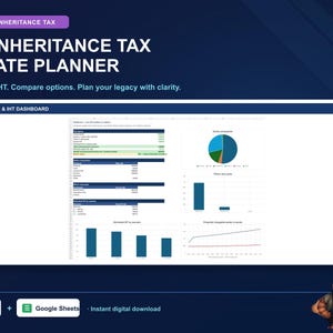 May include: A digital UK Inheritance Tax Estate Planner spreadsheet tool featuring a Live Estate and IHT Dashboard with data tables, a pie chart, and bar graphs. The interface includes text labels for tax estimation and estate composition analysis.