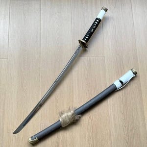 Ghost of Yotei Inspired Katana – Manganese Steel Full Tang Samurai Sword with Twin Wolf Tsuba – Display Art Replica