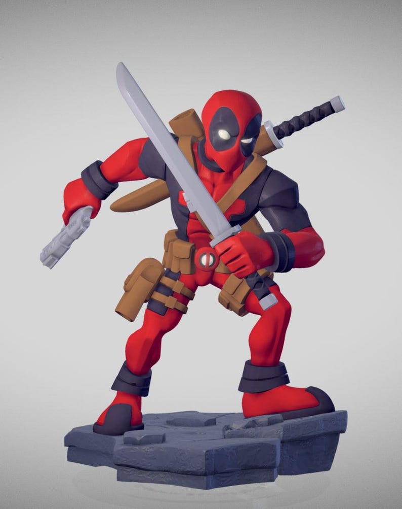 May include: A stylized figurine of a character wearing a red and black suit with a mask, holding a silver sword in one hand and a grey pistol in the other. The character has a brown utility belt, a sword strapped to the back, and stands on a grey base.