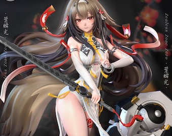 May include: A detailed anime-style figurine of a character with long brown hair, red eyes, and red ribbons, wearing a white and yellow outfit. The character holds a long black sword and stands next to a large mechanical shield with circular details.