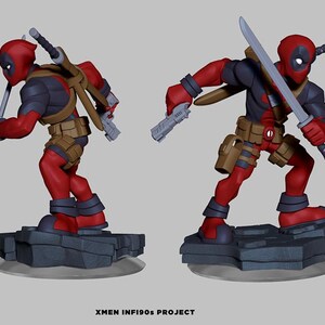 May include: A 3D digital model of a character in a red and black suit with a mask, shown from four angles. The character holds two silver swords and wears a brown utility belt with holsters. Text at the bottom reads XMEN INF190s PROJECT and www.hec.mx.