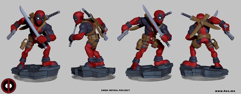 May include: A 3D digital model of a character in a red and black suit with a mask, shown from four angles. The character holds two silver swords and wears a brown utility belt with holsters. Text at the bottom reads XMEN INF190s PROJECT and www.hec.mx.