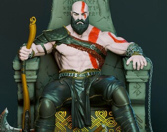 May include: A detailed figurine of a muscular, bearded warrior with a red tattoo sitting on a stone throne. The figure holds a golden axe, wears dark armor, and has a sword and hammer at its feet. The throne features carved runes and a circular emblem.