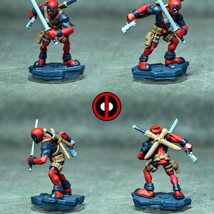 May include: Four views of a painted Deadpool miniature figure in a red and black suit with tan utility belts. The character holds light blue swords and pistols, standing on a dark blue rocky base. A circular red and black Deadpool logo is centered.