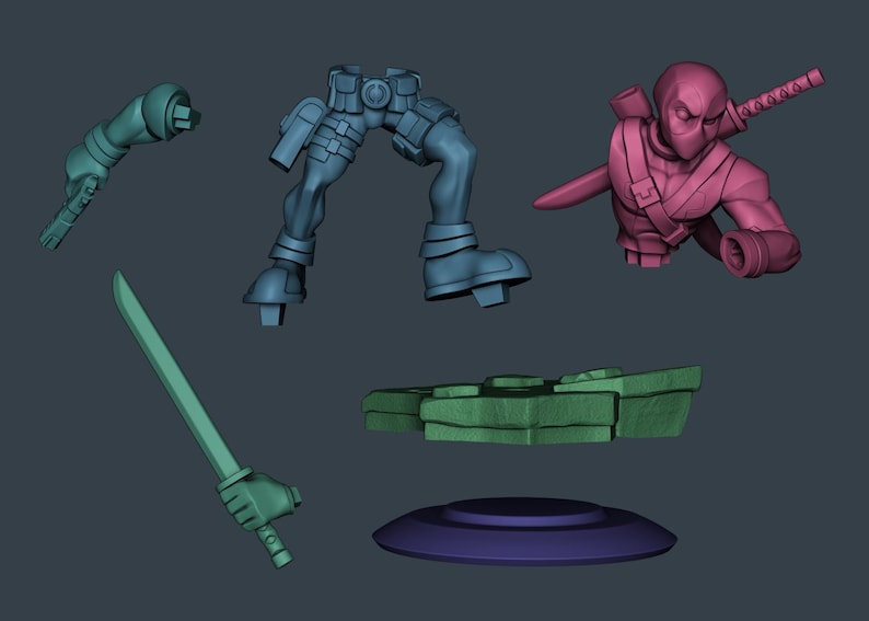 May include: A 3D digital model kit of a masked character featuring a pink torso with a sword on the back, blue legs with a utility belt, a separate arm, a sword held in a hand, and a green rocky base with a circular purple platform underneath.
