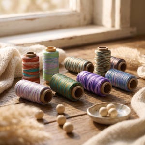 May include: A collection of multi-coloured sewing thread spools in various shades including orange, green, purple, and blue, arranged alongside several small, round, light-coloured wooden beads and a small ceramic dish containing more beads.
