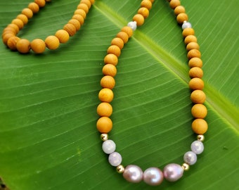 Sandalwood Pearl Necklace, Long Necklace, Pink Edison Pearls