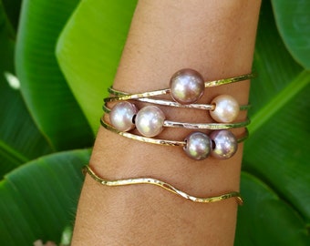 Edison Pearl Bangle, Pink Pearl Bracelet, hammered bracelet