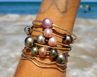 14K Gold Filled Pearl Bangle: Tahitian, Edison Pearl Bracelet