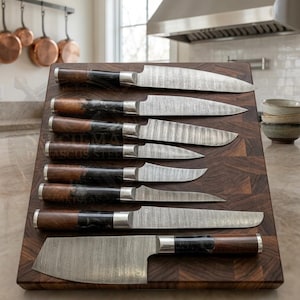 Damascus Steel Chef Knife Set, 8-Piece Kitchen Cutlery with Rosewood Resin Handles and Roll Bag