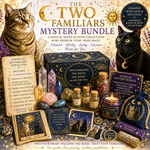 May include: A mystery bundle box set titled The Two Familiars featuring celestial imagery, two cats, crystals, potion bottles, a candle, tarot cards, and incense. The packaging displays text including The Two Familiars Mystery Bundle and lists contents like crystals, minerals, herbs, and tarot decks.
