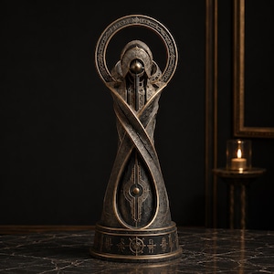 May include: A tall, dark gray and bronze-toned sculpture featuring an abstract, hooded figure with intricate geometric engravings. The piece includes a circular halo element at the top and a wide, cylindrical base adorned with etched symbols.