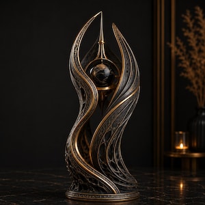 May include: A decorative sculpture featuring a central dark marble sphere suspended within an intricate, swirling black and gold frame. The structure has a pointed top and a wide, circular base, showcasing detailed filigree patterns throughout.