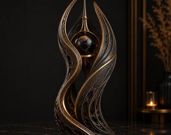 May include: A decorative sculpture featuring a central dark marble sphere suspended within an intricate, swirling black and gold frame. The structure has a pointed top and a wide, circular base, showcasing detailed filigree patterns throughout.