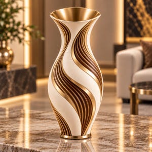 May include: A tall, slender vase featuring a repeating pattern of smooth, matte cream-colored vertical bands alternating with deep, metallic gold-finished ridges that create a swirling, wave-like texture across the entire exterior surface.