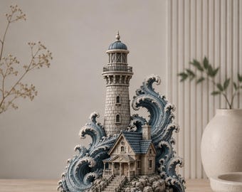 Coastal Lighthouse STL, Ocean Wave Cottage 3D Print File, Seaside Diorama Model, Lighthouse Decor, Fantasy Coastal Miniature, Digital STL 3D