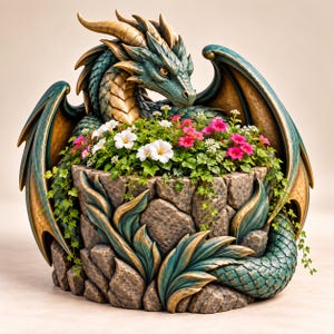 May include: A decorative planter shaped like a stone wall with a teal and gold dragon wrapped around it. The dragon has large wings and scales. The planter is filled with green ivy, small white flowers, and clusters of bright pink blossoms.