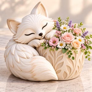 May include: A cream-colored fox figurine with closed eyes resting its head on a matching cream-colored planter. The planter is filled with a bouquet of pink roses, white daisies, and purple lavender sprigs, featuring a carved leaf pattern.