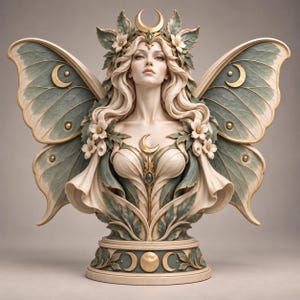 May include: A decorative bust of a figure with long flowing hair, wearing a crown with a crescent moon and floral accents. Large moth-like wings extend from the back, colored in muted green and cream. The base features moon phases and leaves.