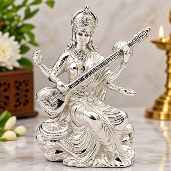 Silver Plated Saraswati Murti, Goddess Idol Statue, Home Temple Decor, Gift