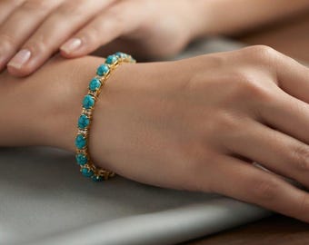 Gold Turquoise Bracelet, Double Row Tennis Design, Statement Stone Bracelet, Gift for Her