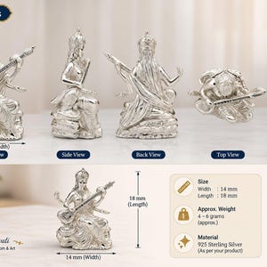 May include: A silver figurine of Goddess Saraswati shown from front, side, back, and top views. The statue measures 18 mm in length and 14 mm in width. It features detailed craftsmanship on the face, crown, veena instrument, and dress base.