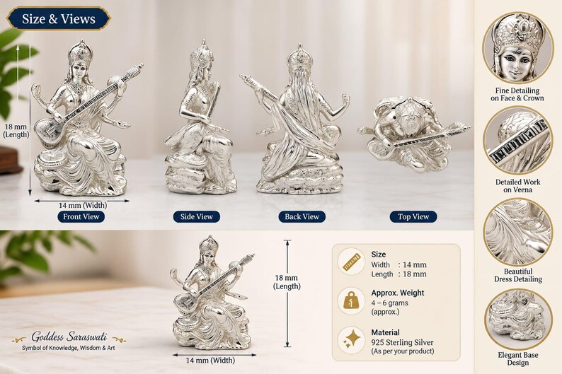 May include: A silver figurine of Goddess Saraswati shown from front, side, back, and top views. The statue measures 18 mm in length and 14 mm in width. It features detailed craftsmanship on the face, crown, veena instrument, and dress base.
