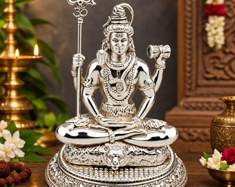 Silver Plated Lord Shiva Statue, Meditative Idol Murti, Home Temple Decor