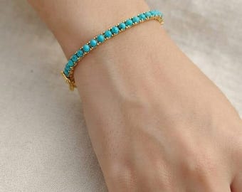 Gold Turquoise Bracelet, Round Bead Tennis Design, Boho Statement Piece, Gift for Her